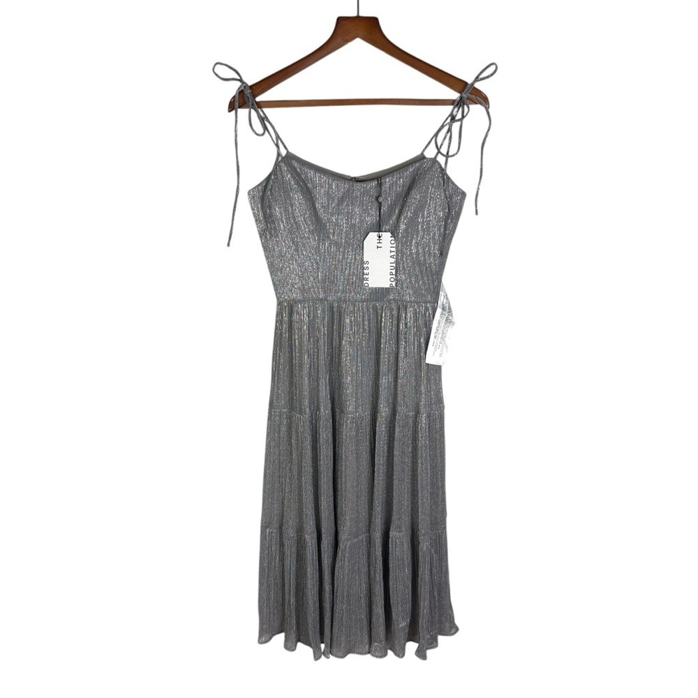 NWT Dress The Population Dream Metallic Tiered Midi Dress Size S Dove Multi - Picture 4 of 13